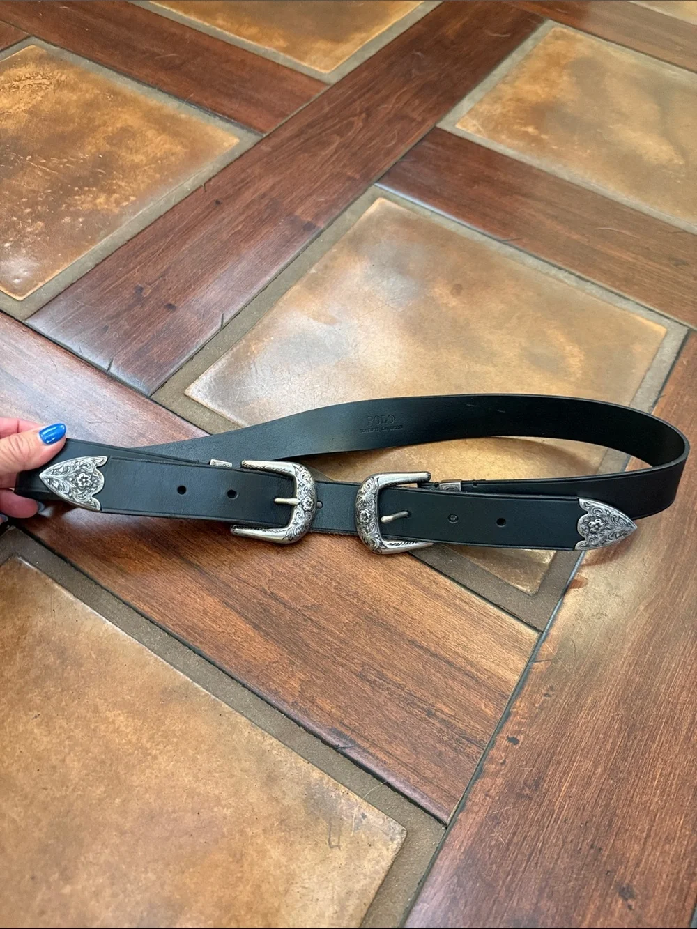 POLO by Ralph Lauren Double Buckle Western Leather Belt with Silver buckle